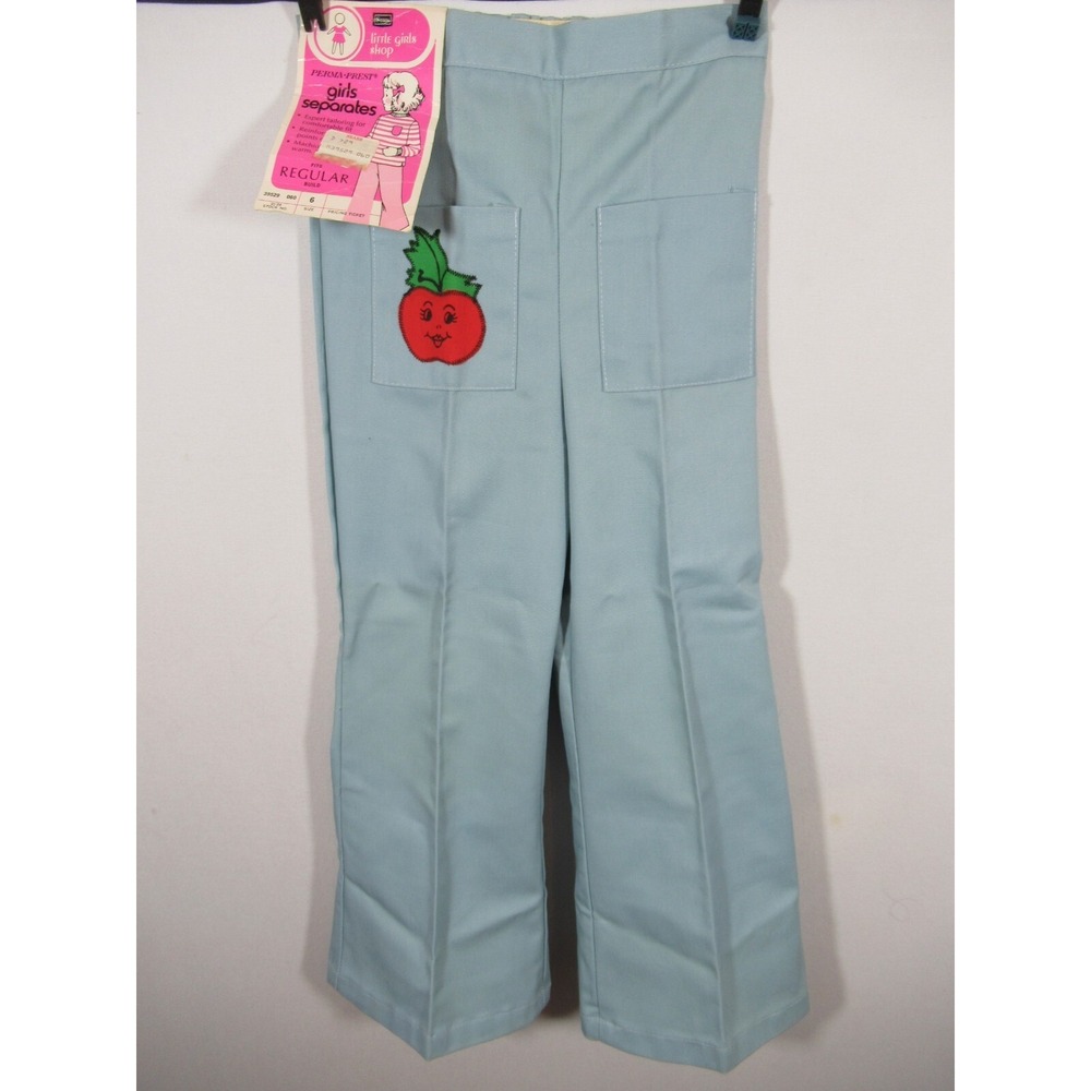 Vintage 70s Sears Flare Pants Girls Size 6 Blue Perma Prest Apple